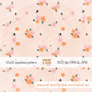 May include: A seamless digital pattern featuring white spider webs, small black spiders, and clusters of pink and orange flowers with green leaves on a light peach background. Text reads 12x12 seamless pattern, wonder & whim designs, 300 dpi .PNG & .JPG, personal and limited commercial use.