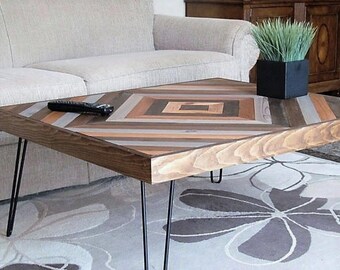 Wood Coffee Table, Wood Chevron, Square, Geometric, Modern Table, Hairpin Leg Table, MCM,Wood Table, Salvaged Coffee Table