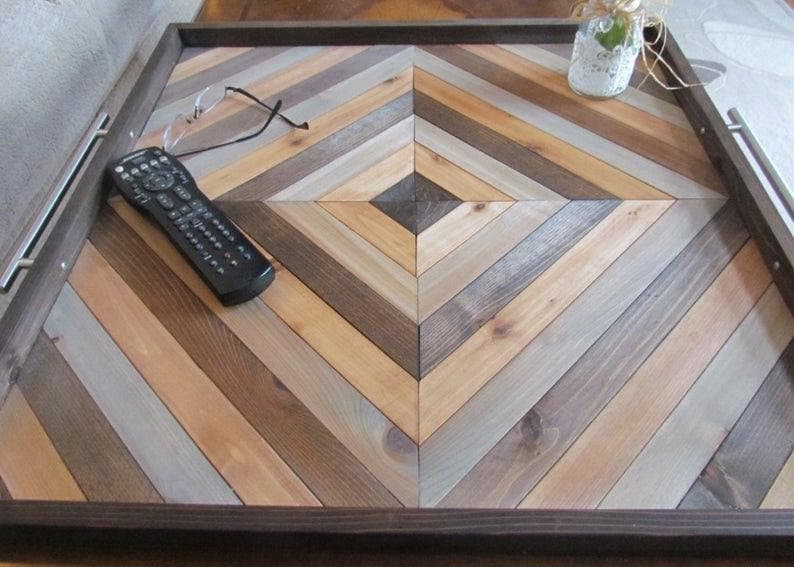 Large Ottoman Tray, Serving, Square Ottoman, Rectangle, Farmhouse, Oversized, Coffee, Rustic Wooden, Extra Wide, Geometric image 1