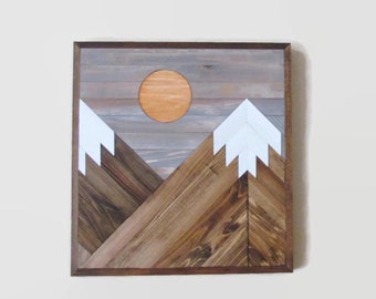 Mountain Wood Art, 21",  Mountain Tops, Range, Reclaimed Wood Wall Art, Wooden Mountains, Geometric Wood Art, Snow Capped Mountains, Moon