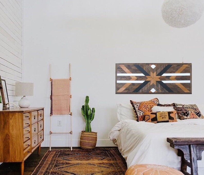 Reclaimed Wood Wall Art Geometric Western Wooden Headboard Tribal Star Quilt Pattern Southwest Decor
