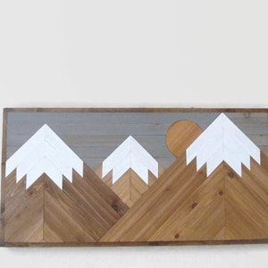 Mountain Wood Art, Reclaimed Wood, Salvaged, Snow Peaks Mountains, Mountain Range, Wooden Mountain, Moon, Geometric, Rustic Decor, Farmhouse