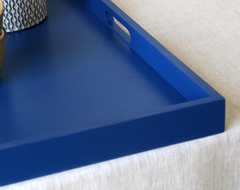 Handmade Dark Blue Wooden Tray with Handles | Ottoman Coffee Table Decor