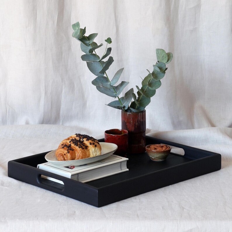 Bandeja otomana de madera de nogal con asas, reposapiés multiusos, decoración moderna para sala de estar, regalo de cumpleaños para ella. imagen 12