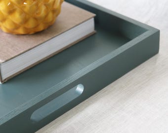 Handmade Blue Gray Ottoman Tray with Handles | Wooden Serving Tray