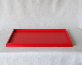 Handmade Lacquered Red Cherry Ottoman Tray | Decorative Wooden Serving Tray with Reeded Frame | Modern Home Decor | Housewarming Gift