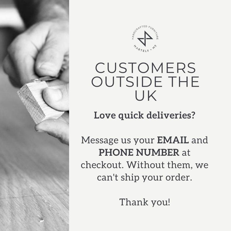 Może przedstawiać: Czarno-białe zdjęcie dłoni pracującej nad kawałkiem drewna. Tekst brzmi: "CUSTOMERS OUTSIDE THE UK Love quick deliveries? Message us your EMAIL and PHONE NUMBER at checkout. Without them, we can't ship your order. Thank you!"