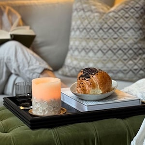 Large Black Wooden Ottoman Serving Tray | Decorative Handmade Footstool and Coffee Table Tray | Modern Living Room Decor | Hostess Gift