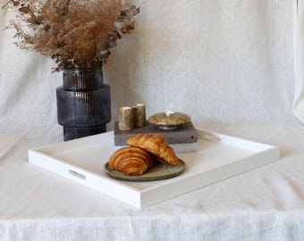 60x45cm White Decorative Wooden Ottoman Tray | Handmade Lacquer Tray with Handles | Modern Large Square Tray | New Home Gift