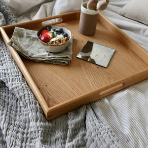Large Black Footstool Tray with Handles, Wooden Serving Breakfast Tray, Mother's Day Gift Oak