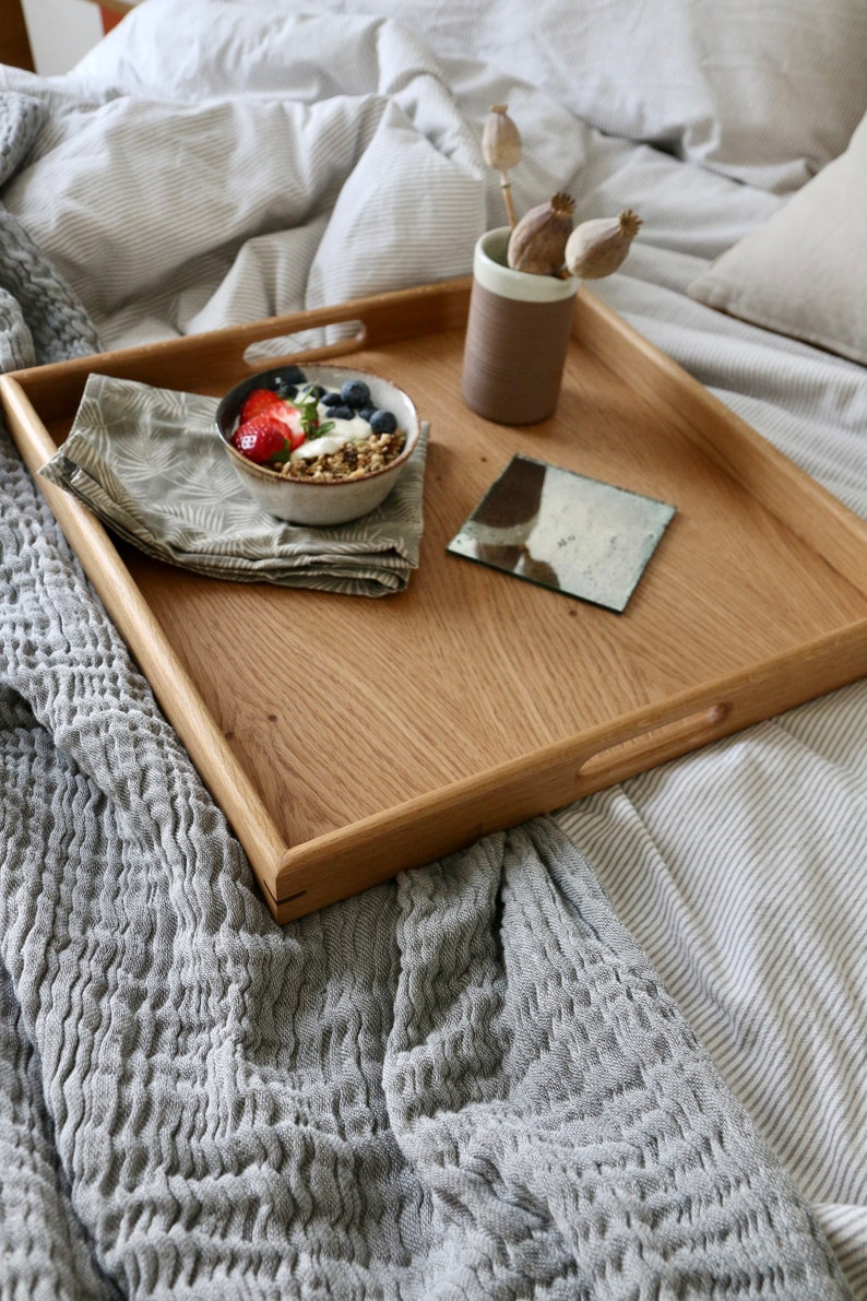 Large Black Footstool Tray with Handles, Wooden Serving Breakfast Tray, Mother's Day Gift Oak