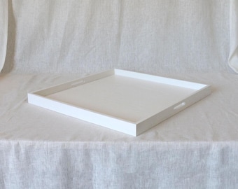 60x45cm White Decorative Wooden Ottoman Tray | Handmade Lacquer Tray with Handles | Modern Large Square Tray | New Home Gift