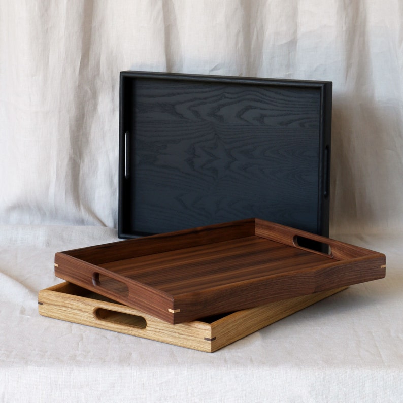 Black, Walnut and Oak trays with handles