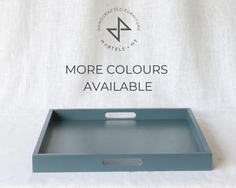 Handgemaakt blauwgrijs Ottomaanse dienblad met handgrepen | Houten dienblad