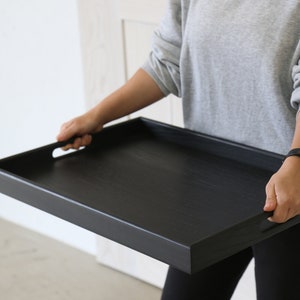 Large Black Footstool Tray With Handles Wooden Serving Breakfast