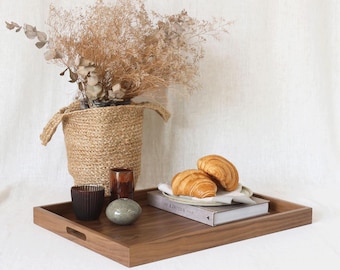 Wooden Ottoman Tray with Handles, Oak or Walnut, Large Serving & Coffee Table Tray