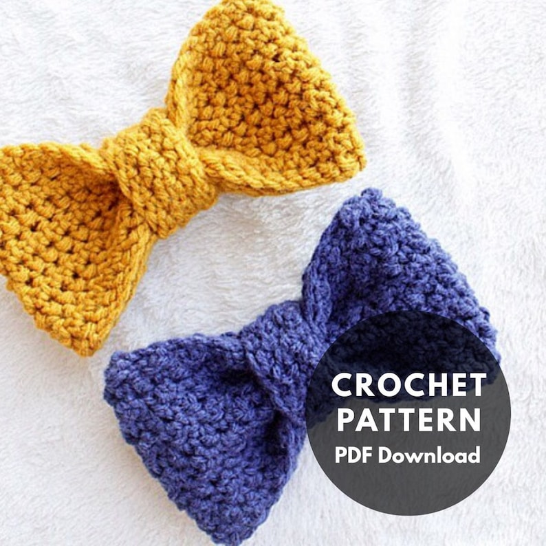 May include: Two crocheted bows, one yellow and one blue, on a white fuzzy surface. The text "CROCHET PATTERN PDF Download" is in a black circle.