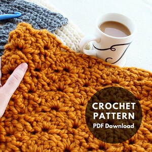 May include: A close-up shot of a mustard yellow crochet project with a textured stitch pattern. A white mug with a black design and a cup of coffee are also visible. The text "CROCHET PATTERN PDF Download" is in a circular graphic.