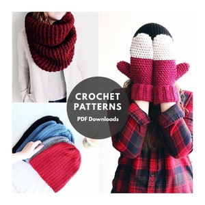 May include: Crochet patterns for a red infinity scarf, a red beanie hat, and a pair of red and white penguin mittens. The image includes the text "CROCHET PATTERNS PDF Downloads".