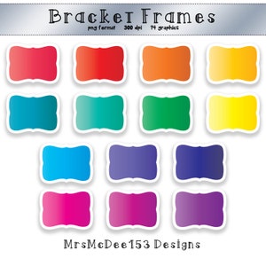 May include: Set of 14 colorful bracket frames with a gradient effect. The frames are in various colors, including red, orange, yellow, green, blue, purple, and pink. The frames are perfect for adding a pop of color to your designs.
