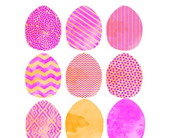 Pink and Orange Watercolor EASTER Egg Clip Art Digital Graphic Set - Fun Modern Patterns - INSTANT DOWNLOAD