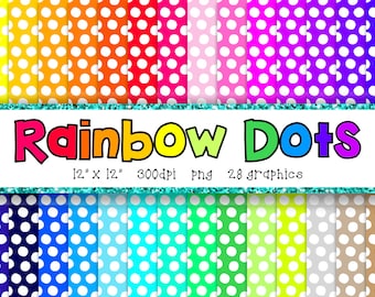 Rainbow Dots Digital Paper Set - Scrapbook Paper -  BRIGHTS - 28 Graphics - 300dpi - 12x12 - PNG - Commercial/Personal - Instant Download