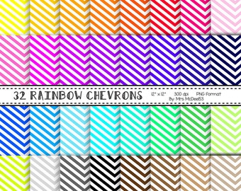 Rainbow Color Chevron Digital Paper Set - White and Bright Chevron - Rainbow Colors - Instant Download – 32 png files