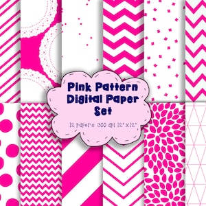 Pink and White Pattern Digital Paper Set - Modern Digital Paper - Scrapbooking Paper - PINK Digital Paper – 12 Patterns - 12&quot; x 12&quot; - 300DPI
