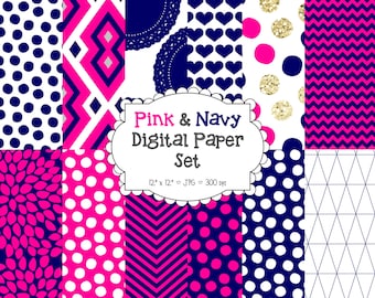 Carta digitale del modello rosa e Blu Navy Imposta carta digitale - carta digitale moderna - Scrapbooking carta - NAVY – 12 modelli - 12 "x 12" - 300DPI