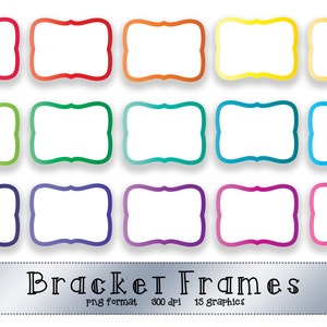 May include: Fifteen colorful bracket frames with a white background. The frames are in various colors, including red, orange, yellow, green, blue, purple, and pink. The text "Bracket Frames" is at the bottom of the image.