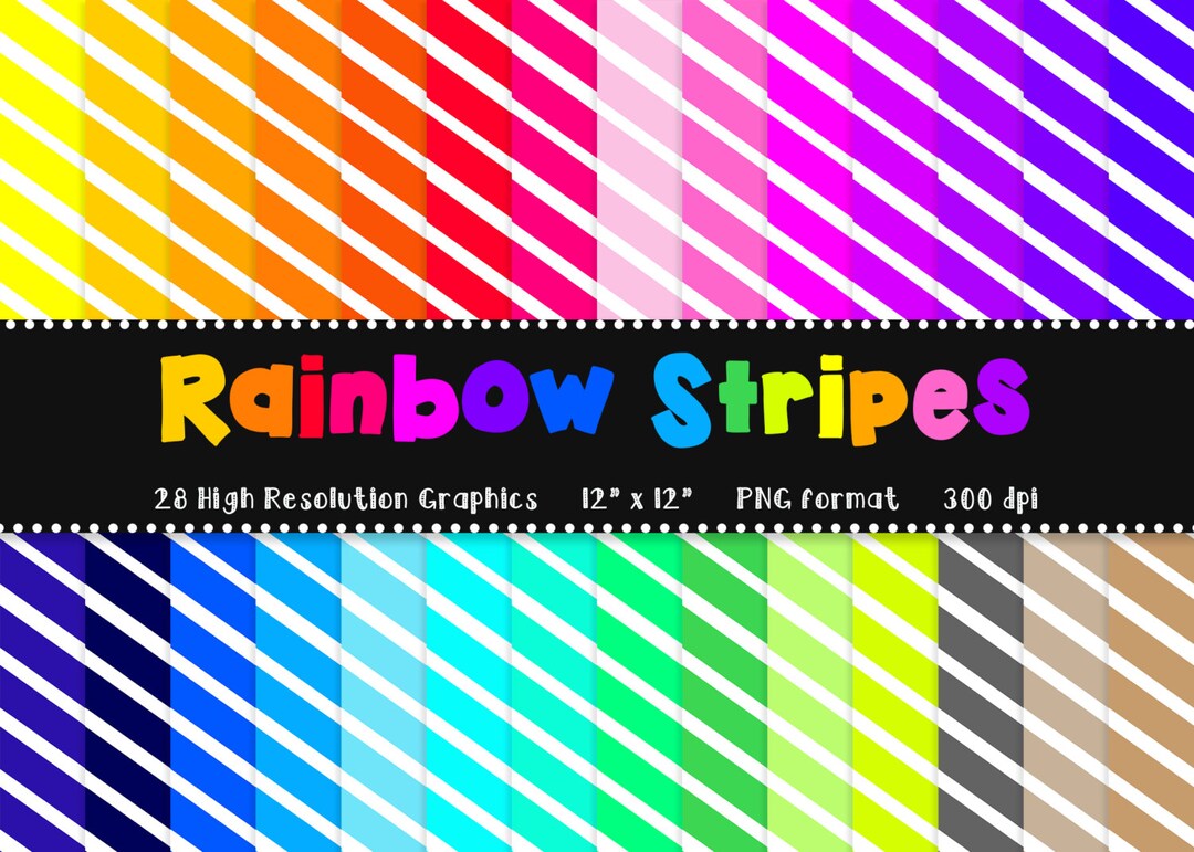 Rainbow + White Stripes Digital Paper Set - Scrapbook Paper - 28 ...