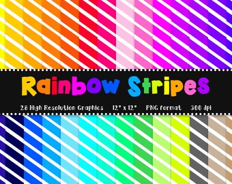 Rainbow + White Stripes Digital Paper Set - Scrapbook Paper - 28 Graphics - 300dpi - 12x12 - PNG - Commercial/Personal - Instant Download