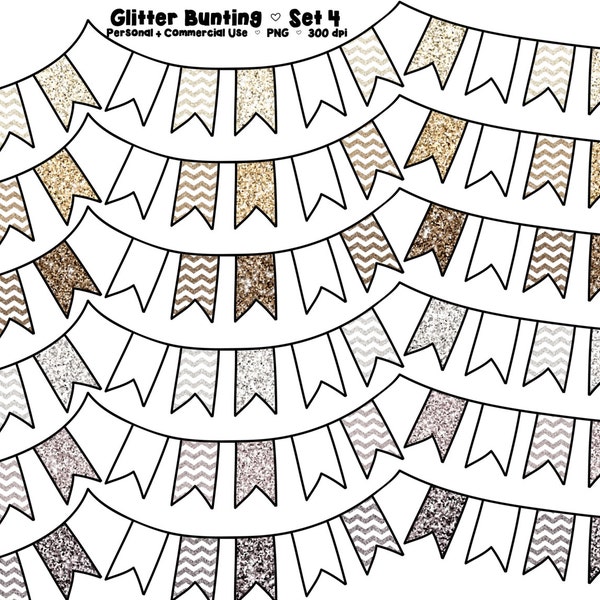 Digital Bunting Clipart - Commercial Use - Clip Art - Graphics - Neutral Glitter Flags - Beige Glitter Chevron - Set 4