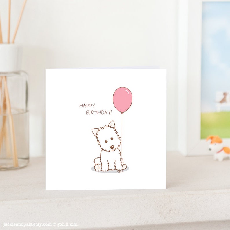 Dog Birthday Card   Handmade  Westie with Birthday Balloon image 1
