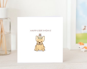 Dog Birthday Card -  French Bulldog with Birthday Cupcake on head, Frenchie birthday card, French Bulldog Birthday card, Frenchie Card