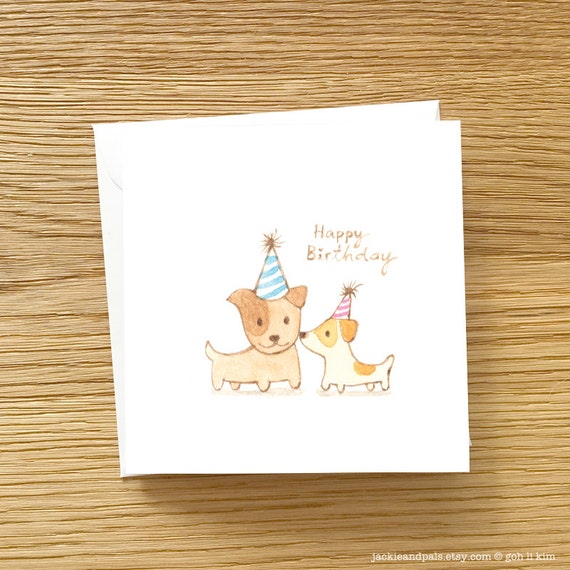Happy Wishes Card Three Puppies Card Puppies and Flowers Card Handpainted Card Birthday Puppies Birthday Card Puppies in Pots Card