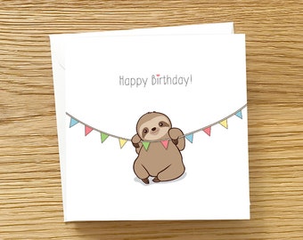 Sloth Greeting Card - Cute Sloth with pennants, Sloth Birthday Card, Sloth card, Baby Sloth Birthday Card, Card for sloth lovers