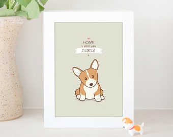 Dog Print - Home Is Where Your Corgi Is, Corgi Print, Cute Corgi Print, Home Decor, gift under 10