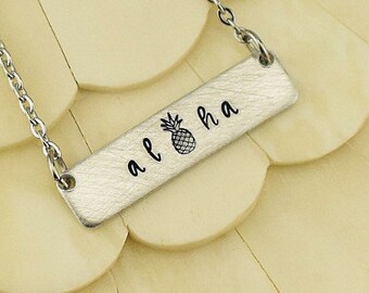Aloha Necklace, Pineapple Necklace, Hawaiian Jewelry, Aloha Stamped Jewelry, Bar Necklace, Pineapple Jewelry, Beach Jewelry, Beach Necklace