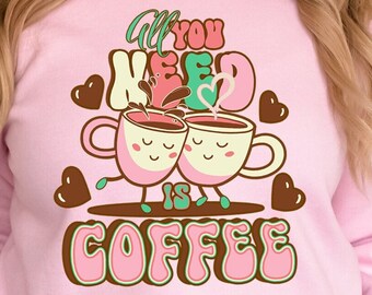 Cute Retro Coffee Mugs Sweatshirt, Latte Lovers Shirt, Coffee Addicts Gift for Women, Valentines Day Shirt, Mid Century Modern Graphic