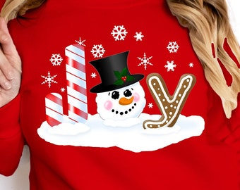 Snowman, Candy Cane, Gingerbread Wintery JOY Sweatshirt: Cute Christmas, Happy Holidays, X-Mas Office Party Shirt