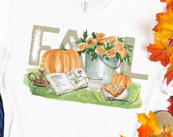 Fall Tea Party and Book T-Shirt, Pumpkin Patch Tee, Thanksgiving Shirt, Cute Autumn Apparel, Book Lovers Shirt