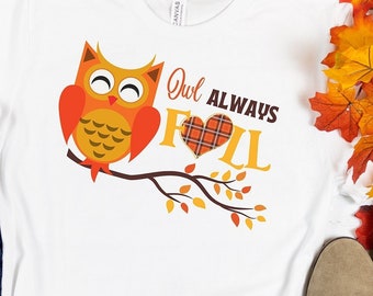 Fall Owl on Autumn Leaves Branch T-shirt, Cute Thanksgiving or Friendsgiving Shirt, Cozy Fall Festival or Pumpkin Patch Shirt
