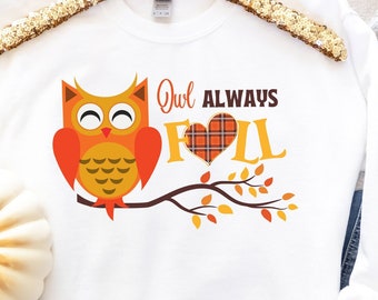 Fall Owl on Autumn Leaves Branch Sweatshirt, Cute Thanksgiving or Friendsgiving Shirt, Cozy Fall Festival or Pumpkin Patch Shirt