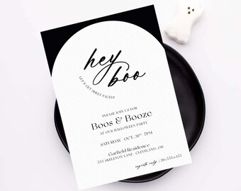 Hey Boo Halloween Party Invitation | Boos & Booze | Spooky Soiree | Modern Halloween Party Invite | Semi-Custom | Adult Halloween Party