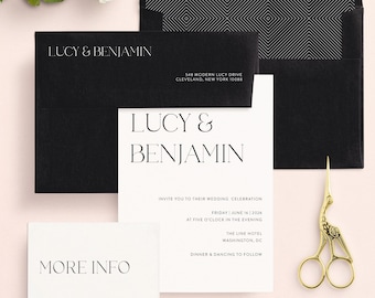 May include: Black and white wedding invitation suite with a geometric pattern on the envelope. The invitation card features the names "Lucy & Benjamin" in a modern font and includes the wedding date, time, and location. The RSVP card has a black and white design with the text "Respond by the 28th of April".