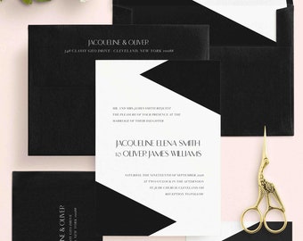 May include: Black and white wedding invitation with geometric shapes. The invitation includes the names Jacqueline Elena Smith and Oliver James Williams, the date and time of the wedding, and the location of the ceremony and reception. The RSVP card includes a choice of meal options: steak, chicken, or veggie.
