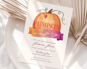 Little Pumpkin Baby Shower Invitations | Fall Autumn Baby Shower | Modern Baby Shower | Pumpkin Is On The Way | Semi-Custom