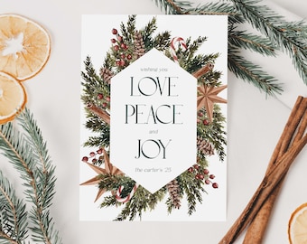 Love Peace Joy Holiday Card, Rustic Wreath Design, Personalized Non-Photo Christmas Cards