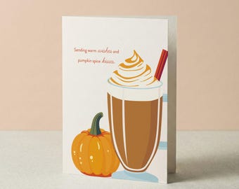 Pumpkin Spice Latte Card, Cozy Fall Greeting, Thanksgiving or Autumn Birthday